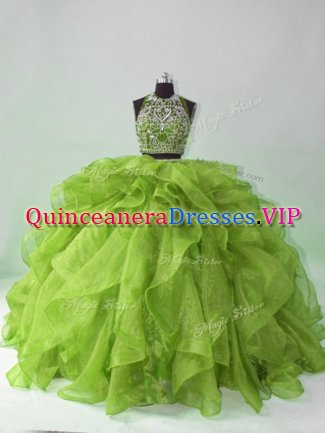 Two Pieces Sleeveless Green Quinceanera Dress Brush Train Backless