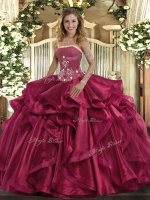 Luxury Sleeveless Floor Length Beading and Ruffles Lace Up Sweet 16 Dresses with Red