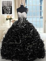 Fashion With Train Black Quince Ball Gowns Organza Brush Train Sleeveless Beading and Ruffles