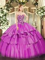 Edgy Lilac Ball Gowns Sweetheart Sleeveless Organza and Taffeta Floor Length Lace Up Beading and Ruffled Layers Quinceanera Gown