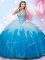 New Arrival Sweetheart Sleeveless Lace Up Vestidos de Quinceanera Blue And White Tulle