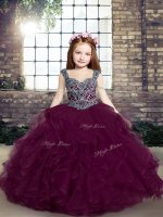 Purple Sleeveless Floor Length Beading and Ruffles Lace Up Pageant Gowns For Girls