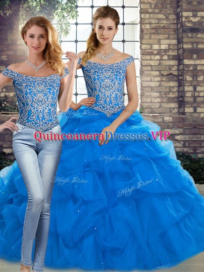 Low Price Blue Tulle Lace Up Off The Shoulder Sleeveless Sweet 16 Dresses Brush Train Beading and Pick Ups - Click Image to Close