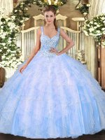 Straps Sleeveless 15th Birthday Dress Floor Length Beading Light Blue Tulle