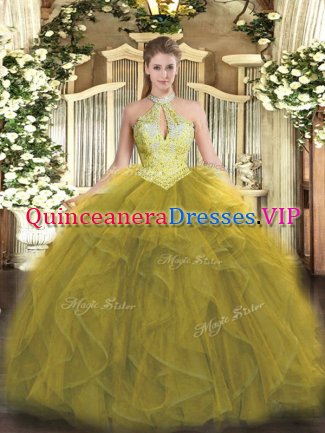 Olive Green Ball Gowns Organza Halter Top Sleeveless Beading and Ruffles Floor Length Lace Up 15th Birthday Dress