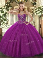 Perfect Fuchsia Sweetheart Lace Up Beading Sweet 16 Dress Sleeveless