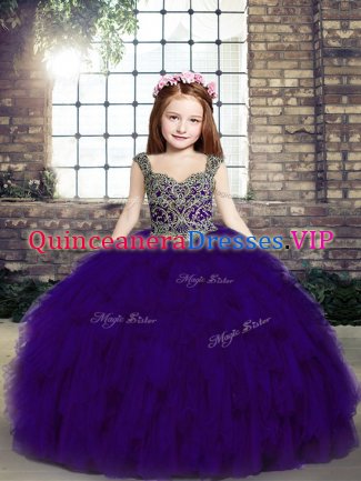 Best Purple Tulle Lace Up Straps Sleeveless Floor Length Kids Pageant Dress Beading