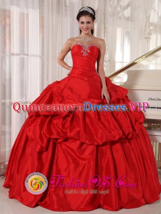 Red Sweetheart Ball Gown For Floor length lace up bodice Quinceaners Dress With Pick-ups and Beading in Albany NY