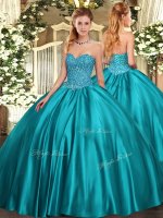 Teal Satin Lace Up Quince Ball Gowns Sleeveless Floor Length Beading