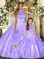 Artistic Tulle Halter Top Sleeveless Backless Beading and Ruffles Quinceanera Gowns in Lavender