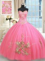 Adorable Rose Pink Tulle Lace Up Sweetheart Sleeveless Floor Length Sweet 16 Dress Beading and Appliques and Embroidery