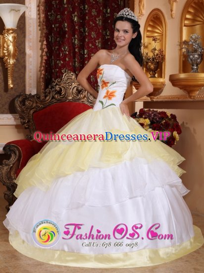 Crested Butte CO Romantic White and Light Yellow Quinceanera Dress With Embroidery Decorate - Click Image to Close