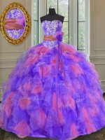 Multi-color Ball Gowns Beading and Appliques and Ruffles and Sashes ribbons and Hand Made Flower Quinceanera Gowns Lace Up Organza Sleeveless Floor Length(SKU PSSW0126-3BIZ)