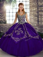 Traditional Purple Lace Up Straps Beading and Embroidery 15 Quinceanera Dress Tulle Sleeveless