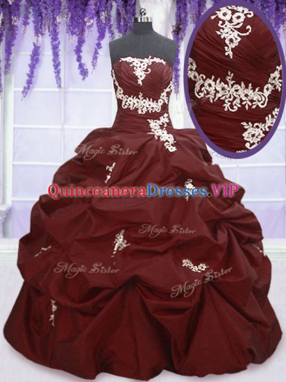 Sleeveless Taffeta Floor Length Lace Up Ball Gown Prom Dress in Burgundy with Appliques and Pick Ups - Click Image to Close