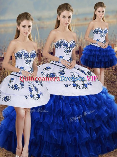 Luxury Royal Blue Ball Gowns Sweetheart Sleeveless Organza Floor Length Lace Up Embroidery and Ruffled Layers and Bowknot Sweet 16 Dresses - Click Image to Close