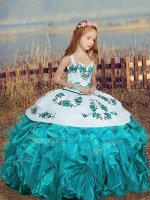 Sweet Aqua Blue Straps Neckline Embroidery and Ruffles Little Girl Pageant Gowns Sleeveless Lace Up(SKU PAG1272-6BIZ)
