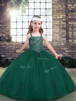 Sleeveless Tulle Floor Length Lace Up Little Girls Pageant Dress in Green with Beading