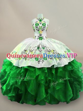Amazing Green Organza Lace Up Sweet 16 Dress Sleeveless Floor Length Embroidery and Ruffles