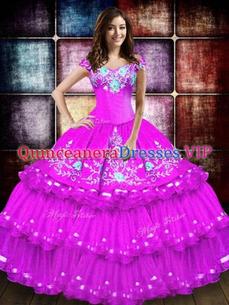 Enchanting Sleeveless Floor Length Embroidery and Ruffled Layers Lace Up Military Ball Gown with Fuchsia
