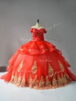 Lovely Red Ball Gowns Organza Off The Shoulder Sleeveless Appliques and Hand Made Flower Lace Up Quinceanera Gown Court Train