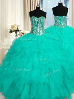 Aqua Blue Sleeveless Beading and Ruffles Floor Length 15th Birthday Dress