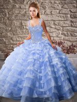Free and Easy Lavender Ball Gowns Organza Straps Sleeveless Beading and Ruffled Layers Lace Up Quinceanera Gowns Court Train
