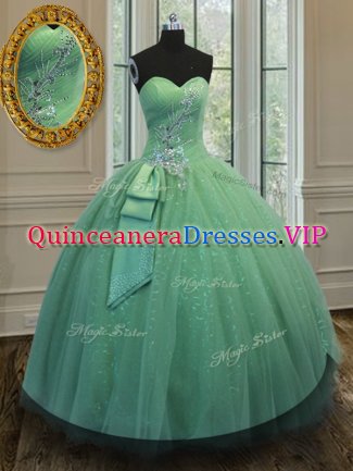 Green Tulle and Sequined Lace Up Ball Gown Prom Dress Sleeveless Floor Length Beading and Ruching and Bowknot