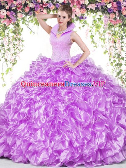 Discount Lilac Backless High-neck Beading and Ruffles Sweet 16 Dresses Organza Sleeveless - Click Image to Close
