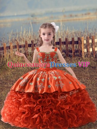 Orange Red Sleeveless Sweep Train Embroidery Pageant Dress for Teens