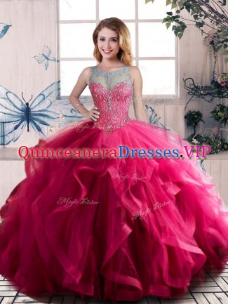 Most Popular Scoop Sleeveless Tulle Quinceanera Gown Beading and Ruffles Lace Up