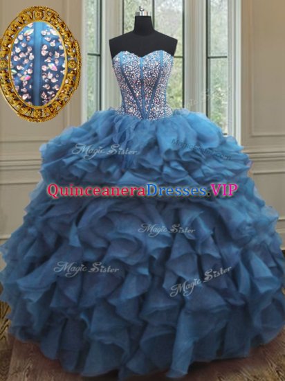 Customized Teal Lace Up Sweetheart Beading and Ruffles Quinceanera Gowns Organza Sleeveless - Click Image to Close