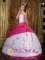 Raleigh Carolina/NC Exquisite Embroidery On Satin Cute Rose Pink and White Strapless Ball Gown For Quinceanera