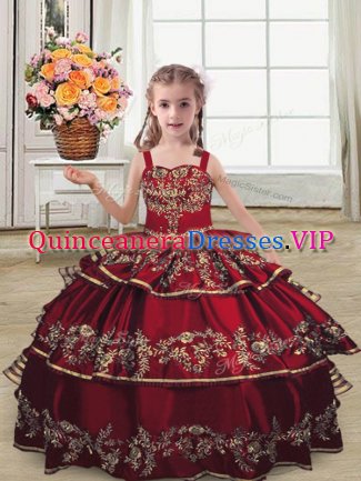 Burgundy Satin Lace Up Straps Sleeveless Floor Length Pageant Dresses Embroidery and Ruffled Layers