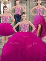 Captivating Three Piece Fuchsia Ball Gowns Beading and Ruffles Quinceanera Gowns Lace Up Tulle Sleeveless Floor Length