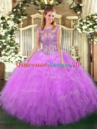 Scoop Sleeveless Tulle 15th Birthday Dress Beading and Ruffles Lace Up - Click Image to Close