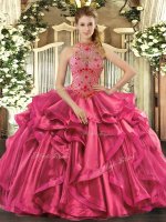 Superior Sleeveless Organza Floor Length Lace Up Quince Ball Gowns in Hot Pink with Beading and Embroidery and Ruffles