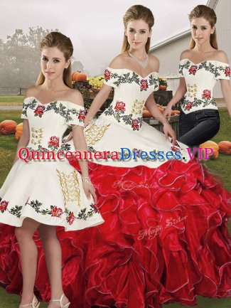 Organza Off The Shoulder Sleeveless Lace Up Embroidery and Ruffles Vestidos de Quinceanera in White And Red