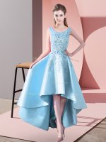Custom Fit High Low Aqua Blue Quinceanera Court Dresses Satin Sleeveless Lace(SKU BMT0382-7BIZ)