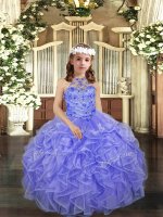 High Class Ball Gowns Kids Pageant Dress Lavender Halter Top Organza Sleeveless Floor Length Lace Up