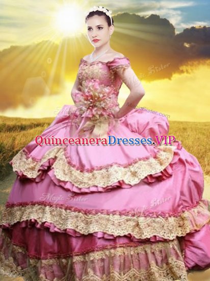 Admirable Rose Pink Ball Gowns Taffeta Off The Shoulder Sleeveless Lace and Appliques and Pick Ups Floor Length Lace Up Quinceanera Dresses - Click Image to Close
