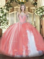 Great Floor Length Coral Red Vestidos de Quinceanera Sweetheart Sleeveless Lace Up