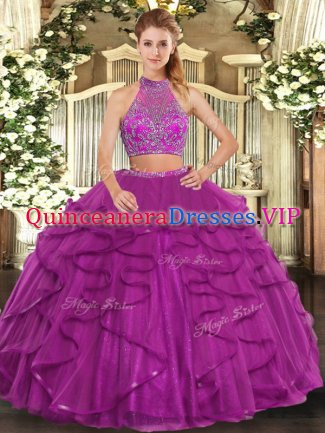 Sleeveless Floor Length Beading and Ruffled Layers Criss Cross Vestidos de Quinceanera with Fuchsia