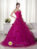 Kenner Louisiana/LA Remarkable Brush Train and Hand Made Flowers Quinceanera Dress With Fuchsia Sweetheart
