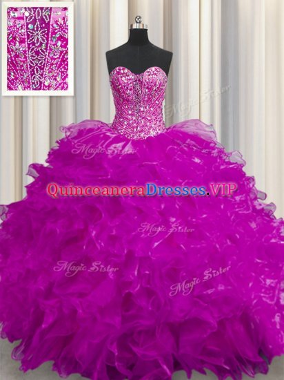 Cute See Through Fuchsia Sleeveless Organza Lace Up Quinceanera Dress for Military Ball and Sweet 16 and Quinceanera - Click Image to Close