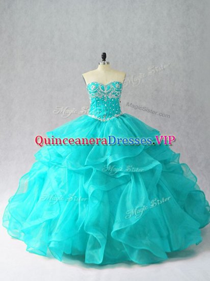 Aqua Blue Ball Gowns Organza Sweetheart Sleeveless Beading and Ruffles Floor Length Lace Up Ball Gown Prom Dress - Click Image to Close
