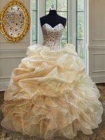 Elegant Organza Sweetheart Sleeveless Lace Up Beading and Ruffles Quinceanera Dresses in Champagne