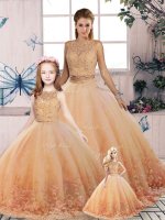 Peach Backless Vestidos de Quinceanera Lace Sleeveless Sweep Train