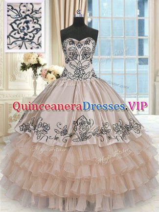 Fashionable Sweetheart Sleeveless Ball Gown Prom Dress Floor Length Beading and Embroidery and Ruffled Layers Champagne Organza and Taffeta