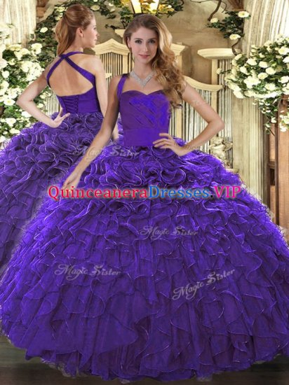 Admirable Sleeveless Organza Floor Length Lace Up 15 Quinceanera Dress in Purple with Ruffles - Click Image to Close